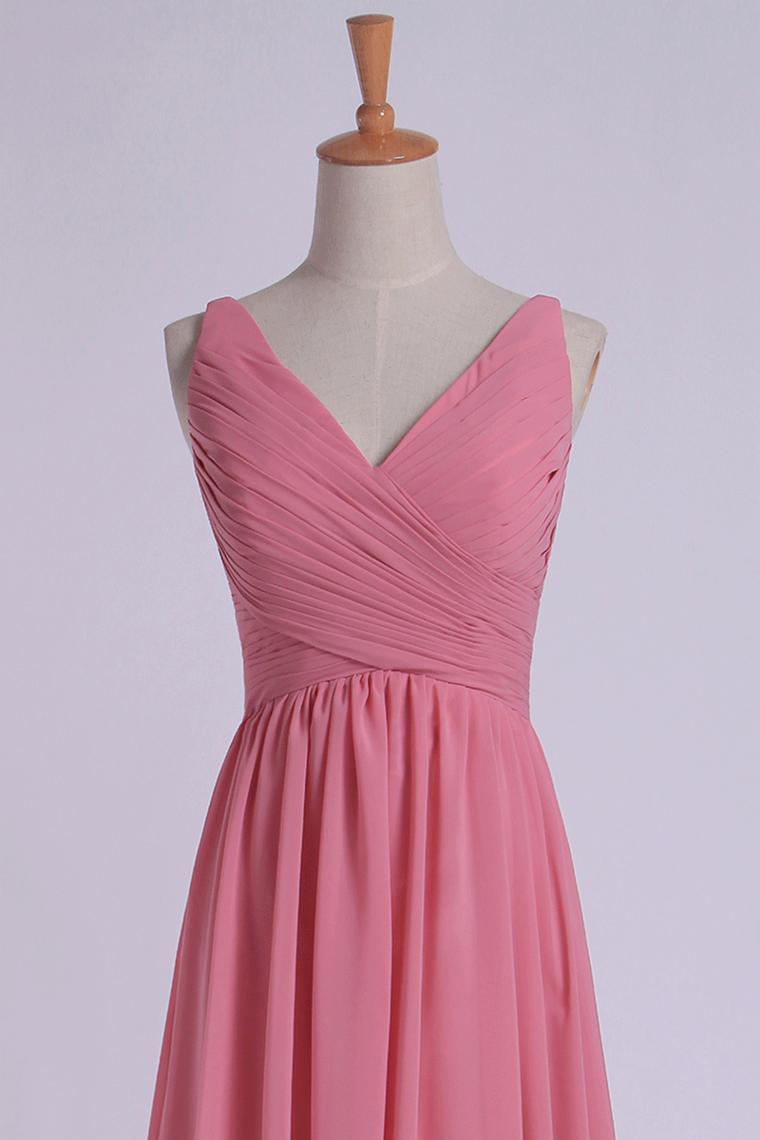 2022 Prom Dresses A Line V Neck Chiffon Floor Length