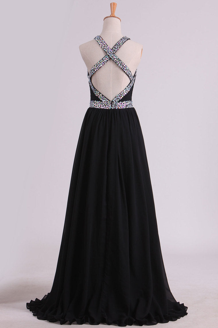 2022 Black Prom Dresses A Line Chiffon With Beads And Slit Cross Back