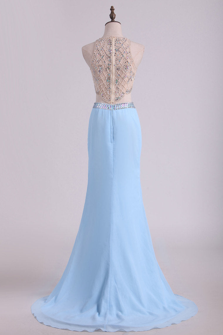 2022 Prom Dresses  Scoop Sheath Two Pieces Chiffon With Beading And Slit Sweep Train