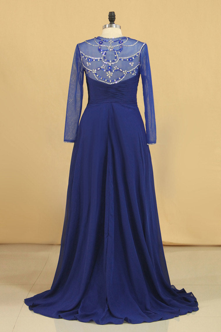 2022 Long Sleeves Scoop A-Line Chiffon With Beads And Ruffles Prom Dresses