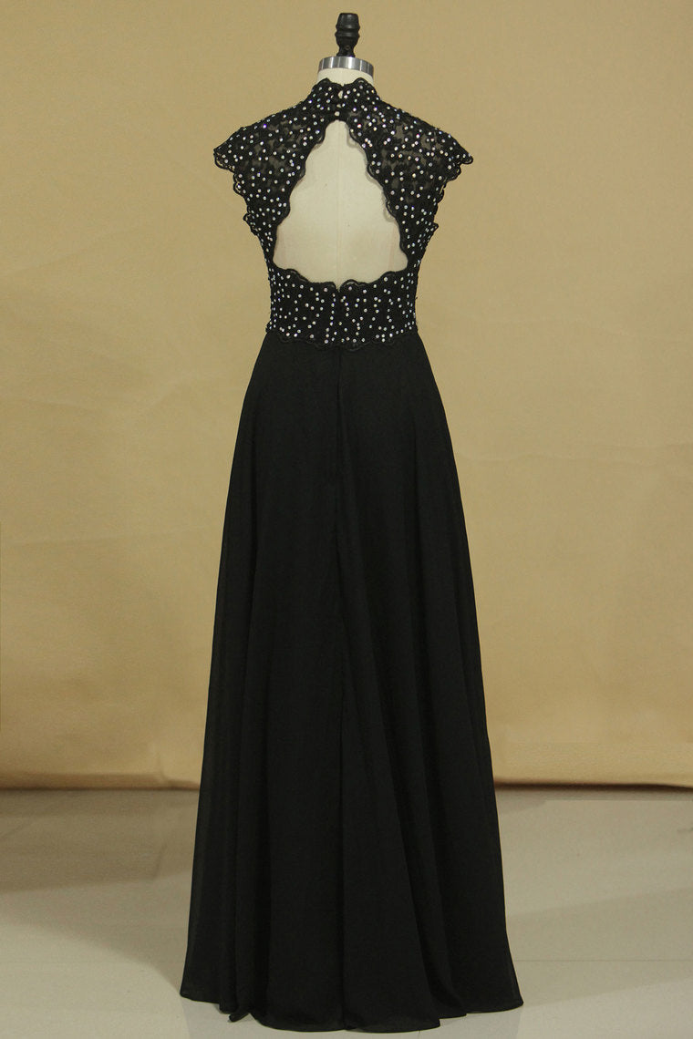 2022 Black High Neck Prom Dresses A Line Chiffon With Applique And Beads