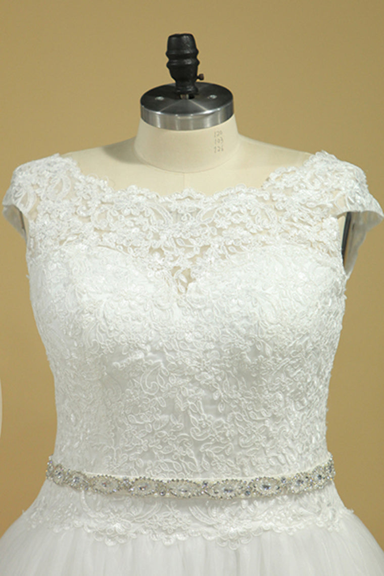 2022 Plus Size  Wedding Dresses A-Line Bateau Court Train V-Back Tulle