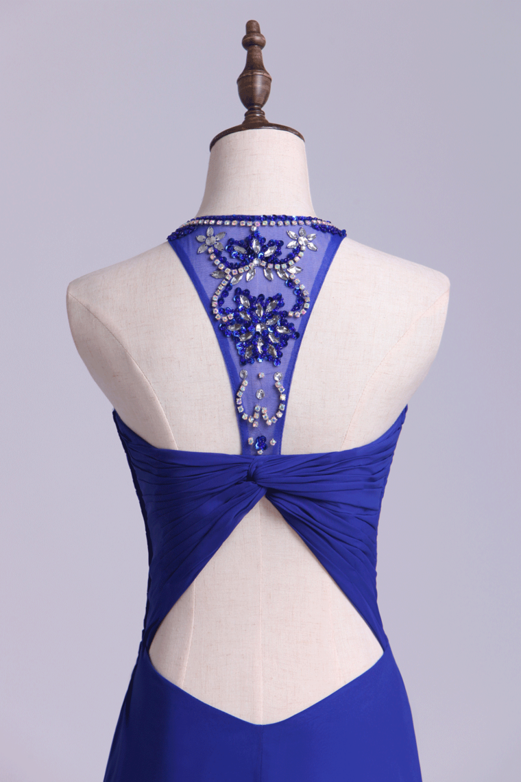 2022 Unique Dark Royal Blue Prom Dress Scoop A Line Chiffon With Beads&Ruffles