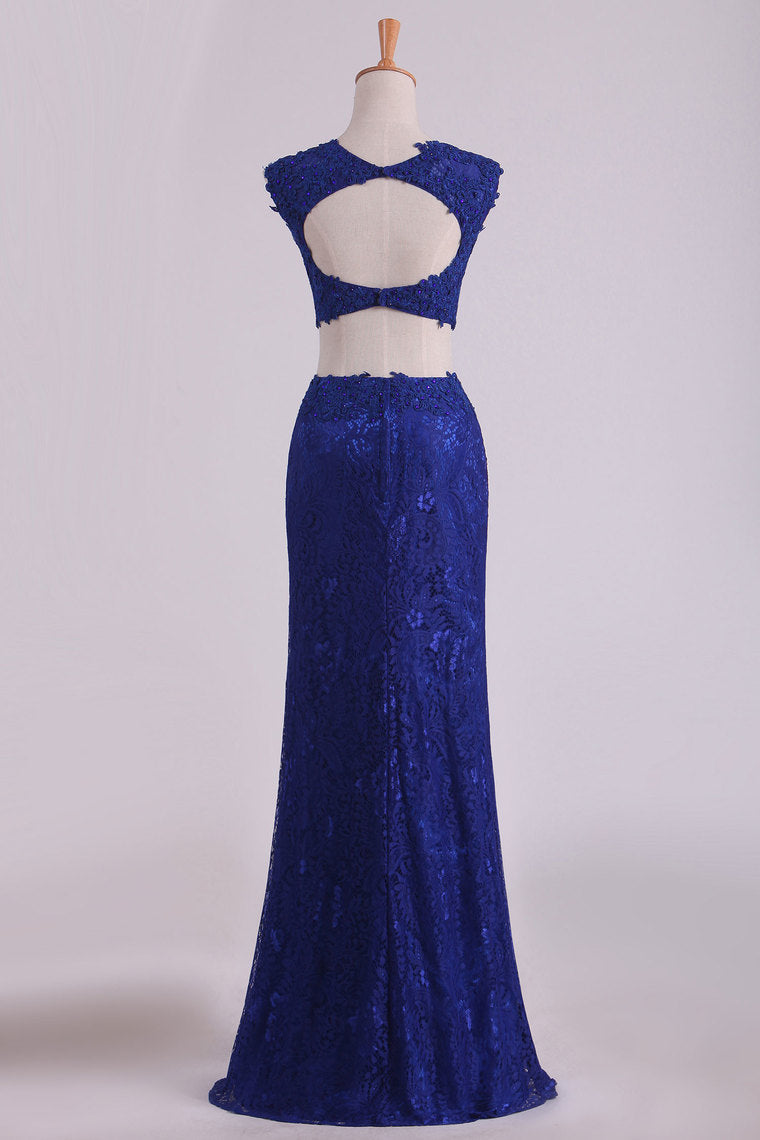 2022 Sheath Open Back Two Pieces Prom Dresses Lace With Applique & Beading Dark Royal Blue