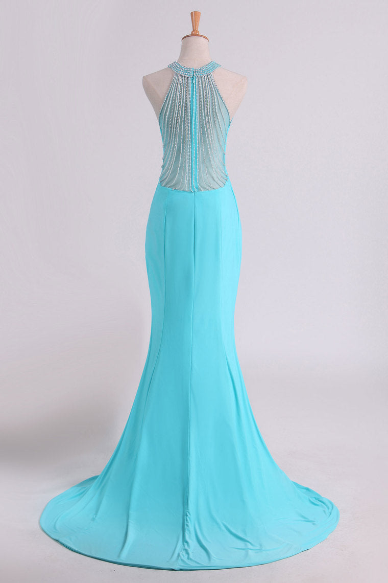 2022 Hot Prom Dresses Scoop Mermaid Spandex With Beading Sweep Train