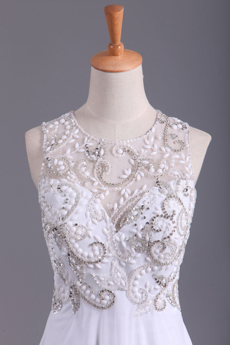 2022 A Line Scoop Prom Dresses Beaded Bodice Floor-Length Chiffon Open Back