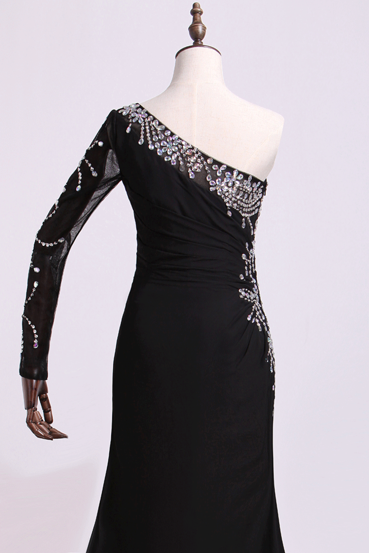 2022 One Sleeve Column/Sheath Prom Dresses Black