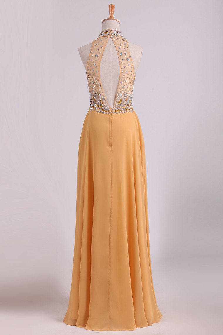 2022 High Neck A Line Chiffon Beaded Bodice Prom Dresses Sweep Train