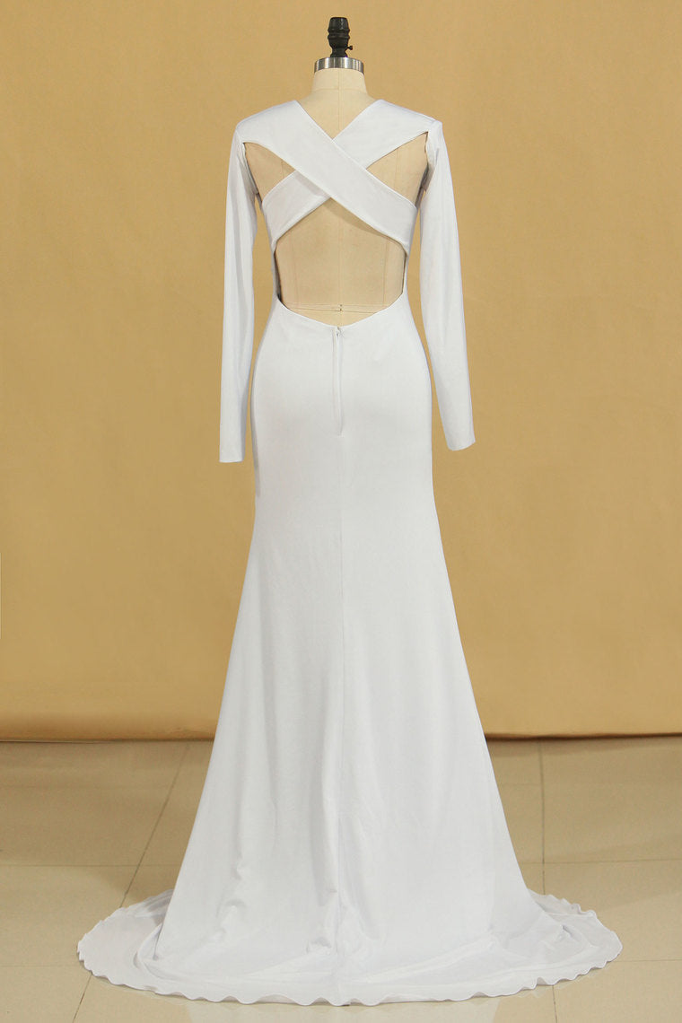 2022 New Arrival Long Sleeves Cross Back Prom Dresses Satin Mermaid