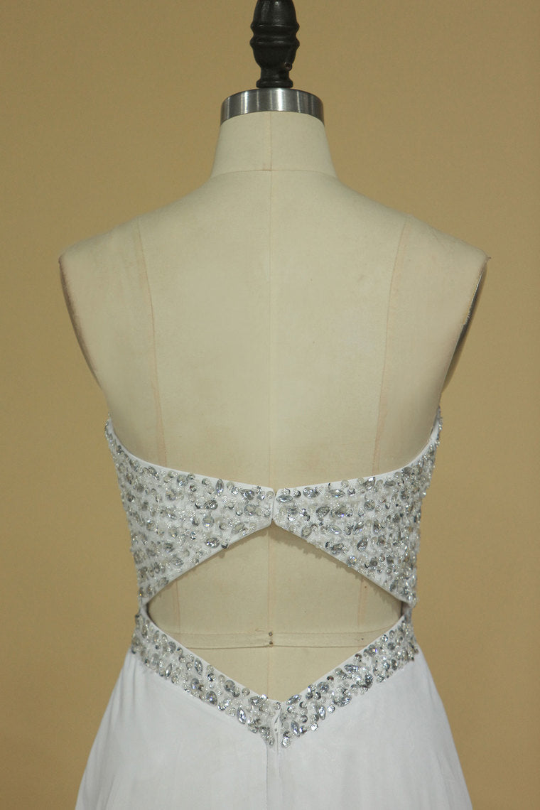 2022 Sweetheart Prom Dress Open Back Beaded Bodice A Line Floor Length Chiffon