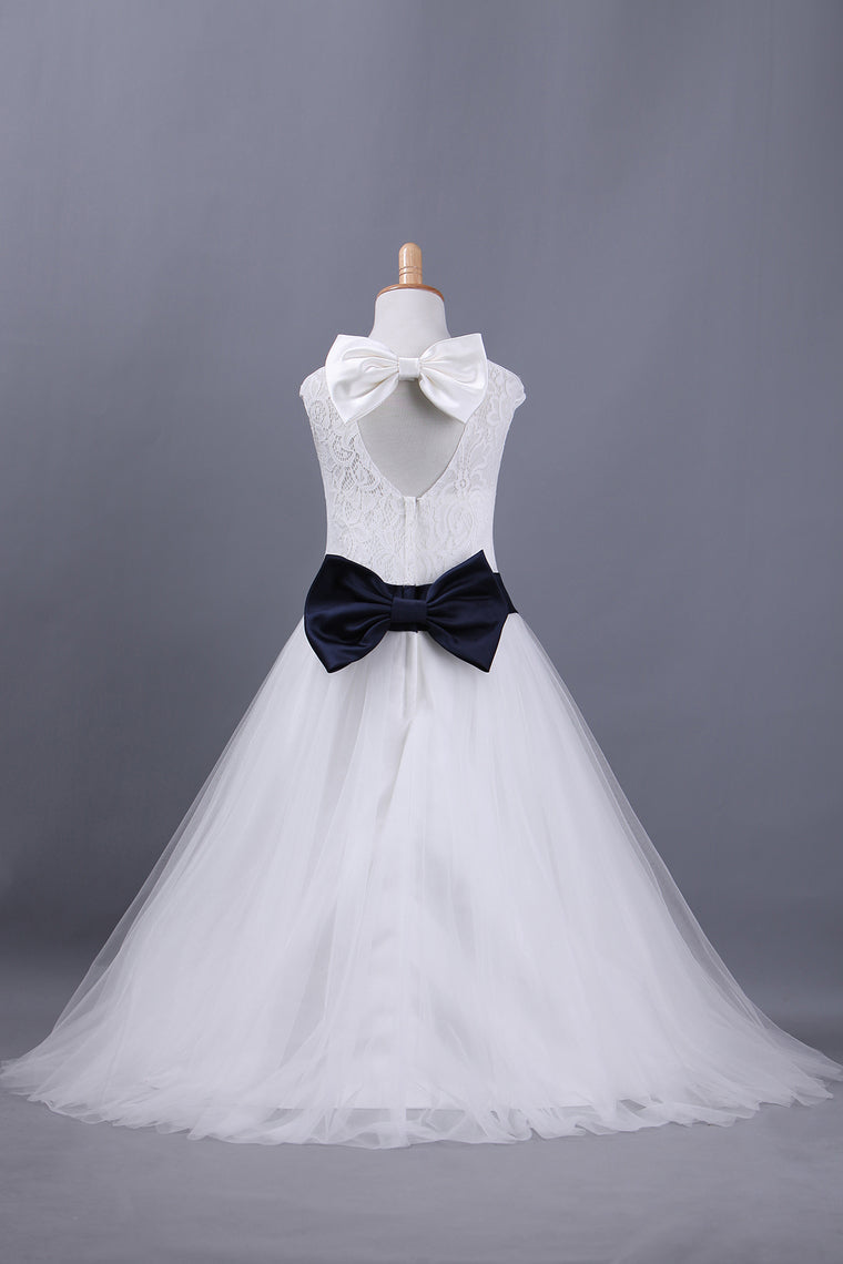 2022 Flower Girl Dresses A Line Scoop Ankle-Length Lace & Tulle