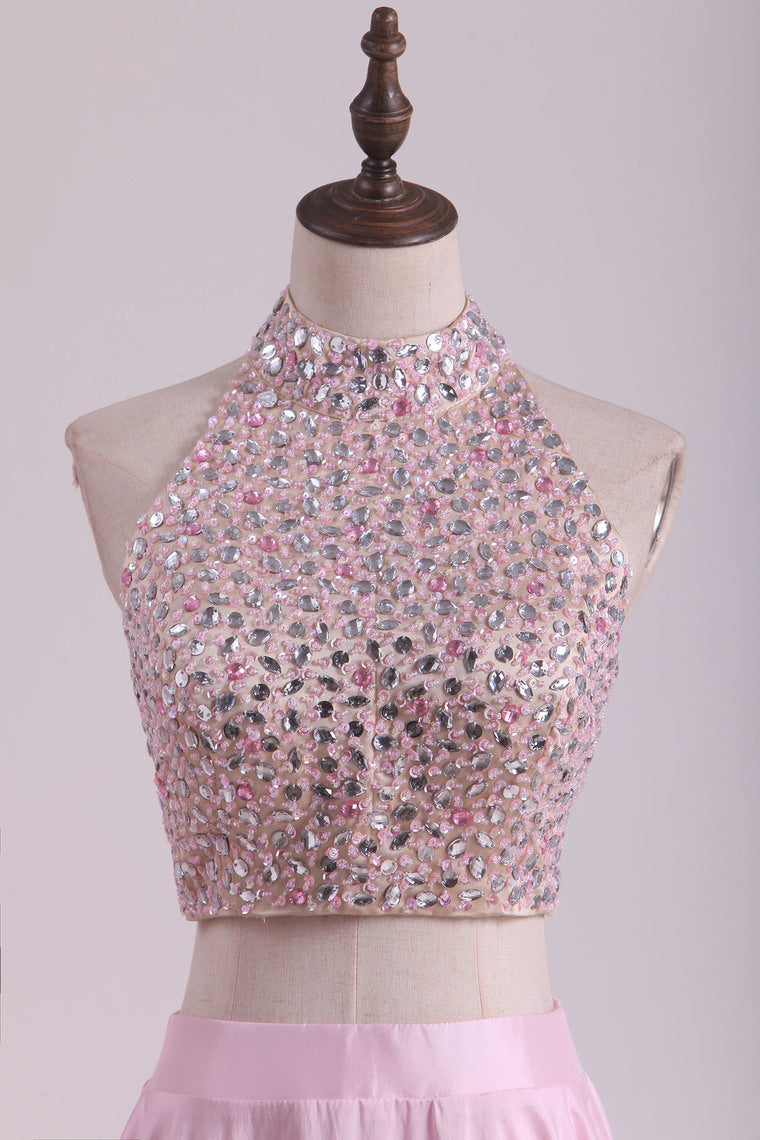 2022 Two-Piece High-Neck Beaded Bodice Taffeta Prom Dresses