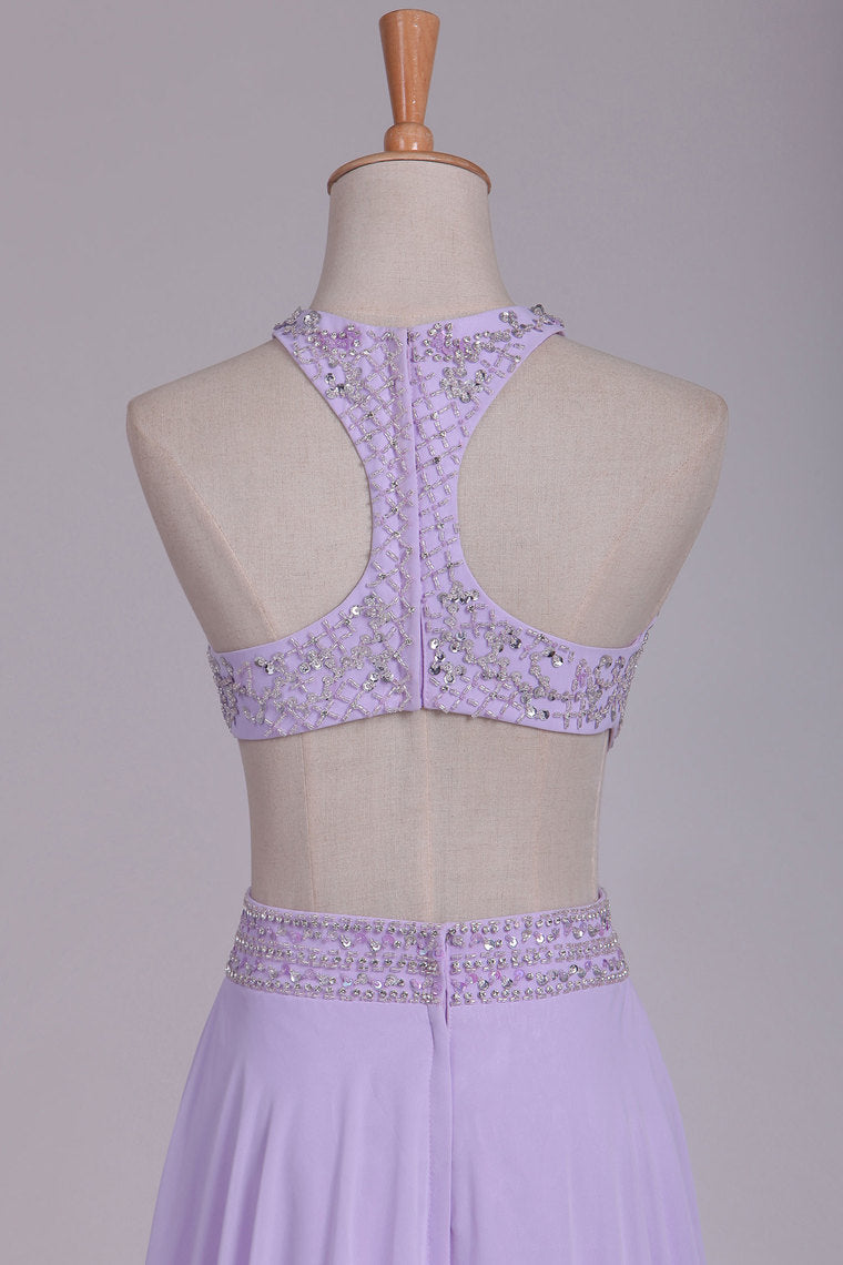 2022 Scoop Prom Dresses A Line Chiffon With Beading Sweep Train