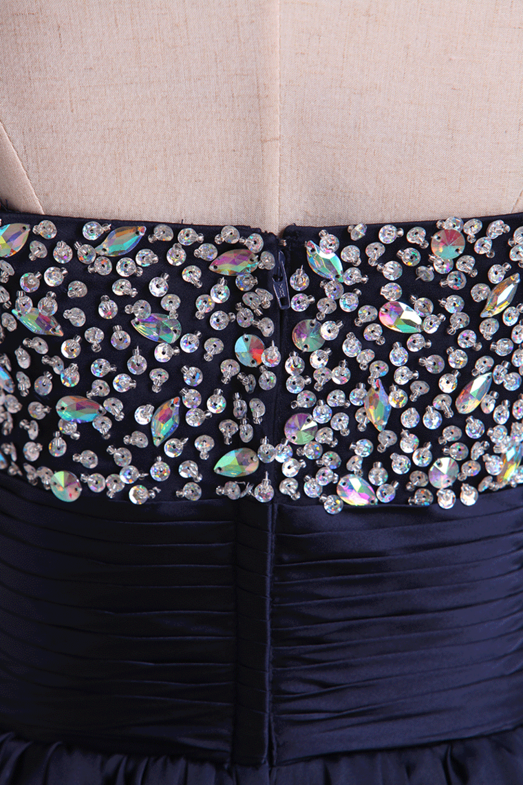 2022 Straps A Line Mini Prom Dress Beaded Bodice With Pleated Waistband Chiffon