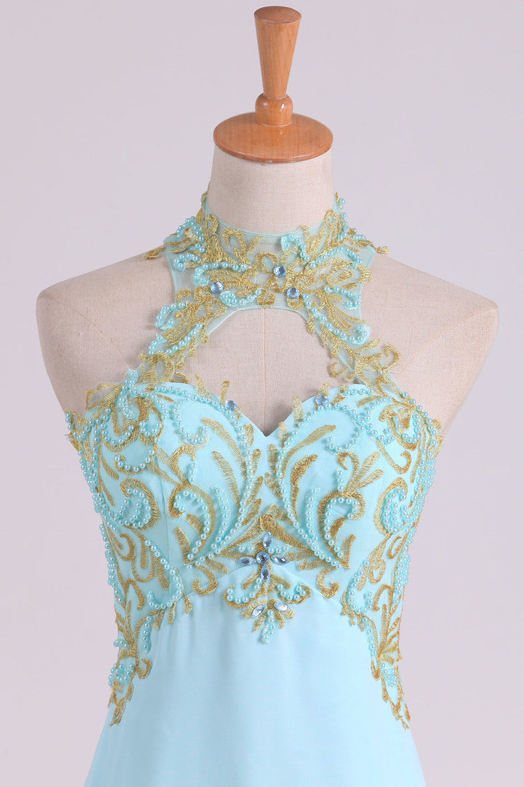 2022 Sheath Open Back High Neck Chiffon With Applique And Beads Prom Dresses