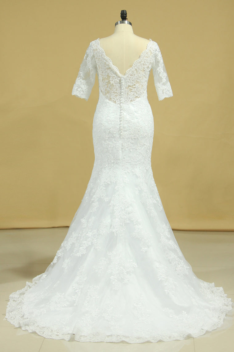 2022 Mermaid Wedding Dresses V-Neck 3/4 Sleeves Court Train Tulle V-Back With Covered Button