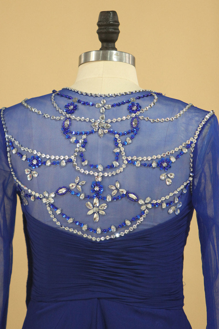 2022 Long Sleeves Scoop A-Line Chiffon With Beads And Ruffles Prom Dresses