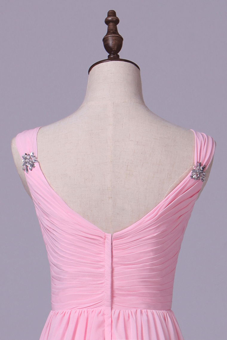 2022 Straps Bridesmaid Dresses A Line Chiffon With Ruffles Floor Length