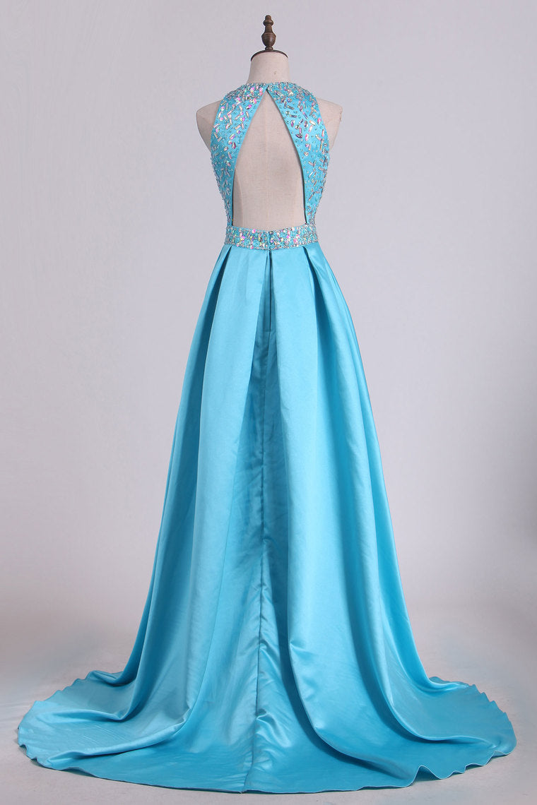 2022 Scoop Beaded Bodice Open Back A Line Satin Prom Dresses