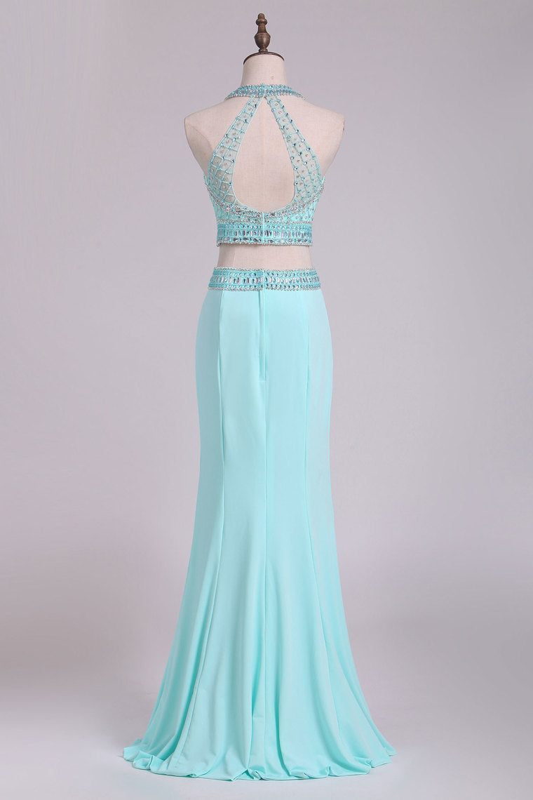 2022 Two-Piece Halter Beaded Bodice Open Back Prom Dresses Spandex Sheath