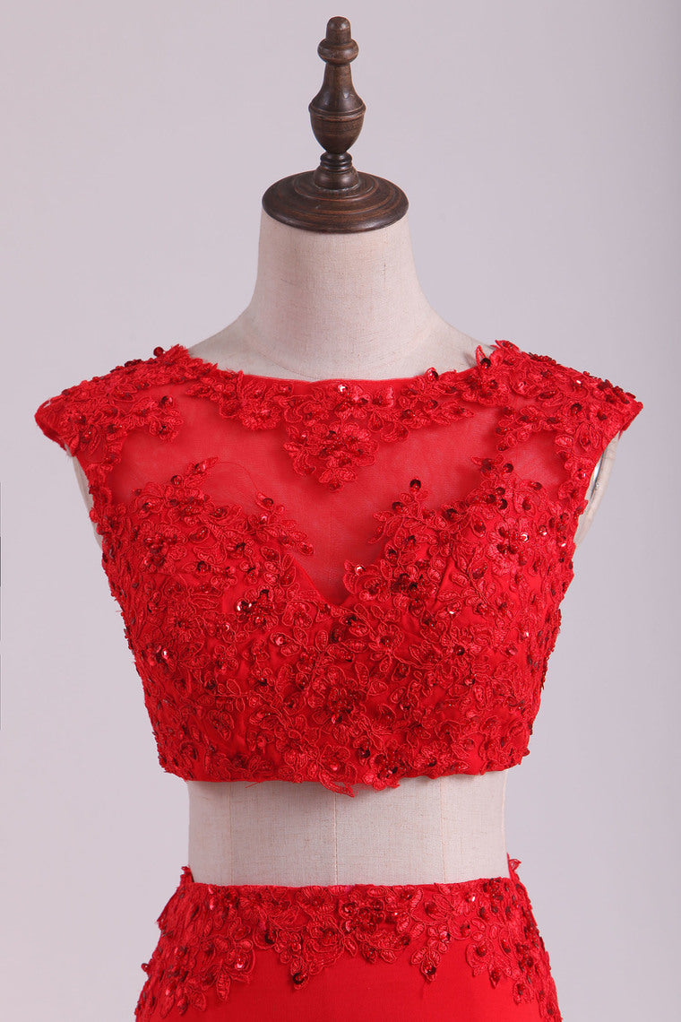 2022 Scoop Two-Piece With Applique And Beads Spandex Sheath Prom Dresses