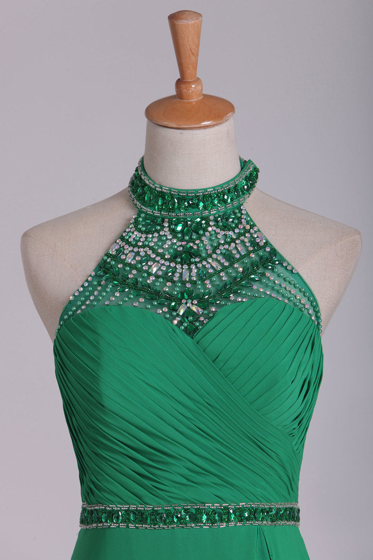 2022 High Neck Prom Dresses Beaded And Ruched Chiffon Sweep Train