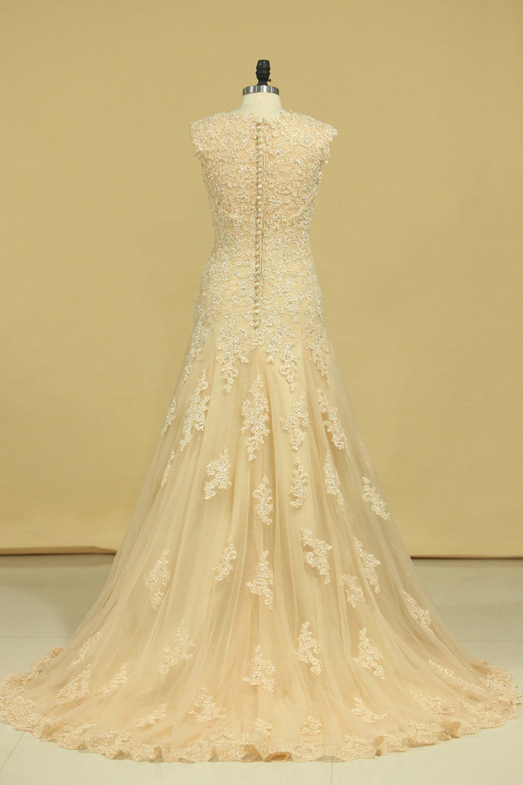 2022 Champagne V-Neck Wedding Dresses A Line Court Train With Applique