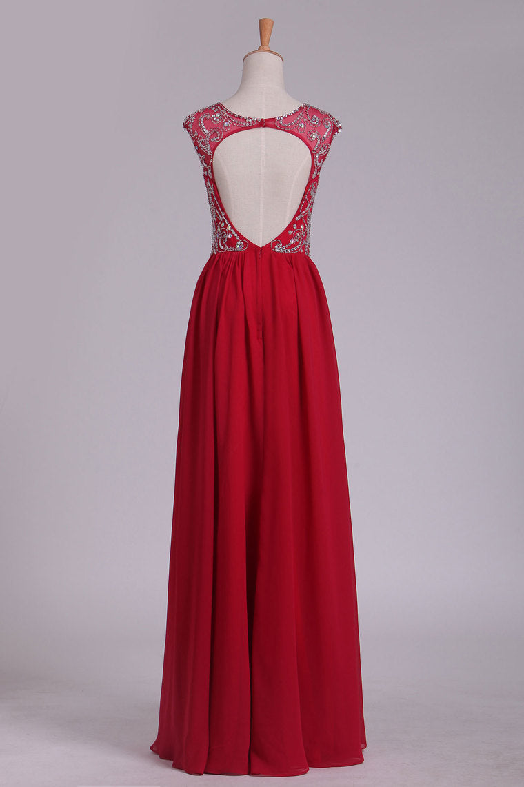 2022 Open Back Scoop Beaded Bodice A Line Chiffon Prom Dresses