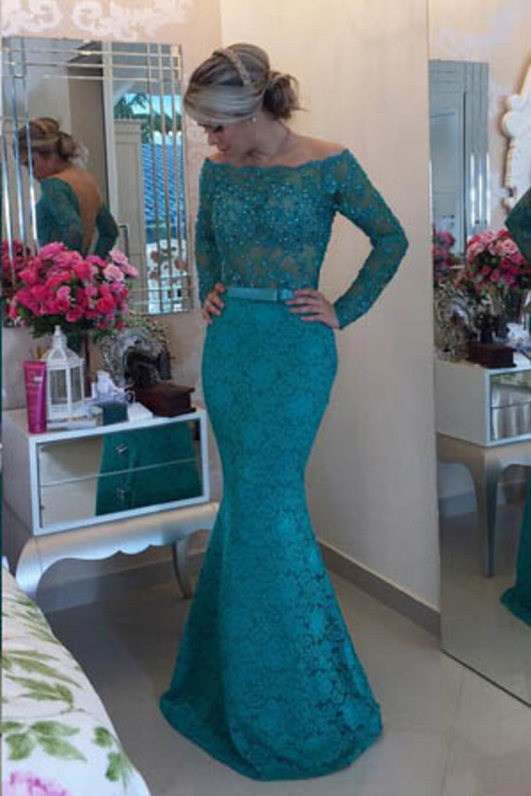 2022 Long Sleeves Boat Neck Prom Dresses Mermaid Lace With Sash And Beads