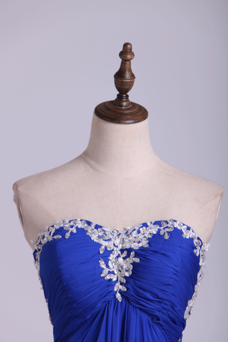 2022 Open Back Prom Dress Sweetheart Dark Royal Blue Chiffon With Applique