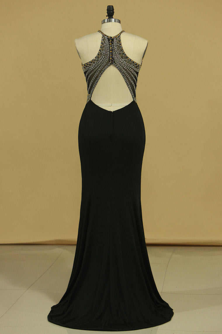 2022 Scoop Sheath Floor Length Prom Dresses Spandex With Beading