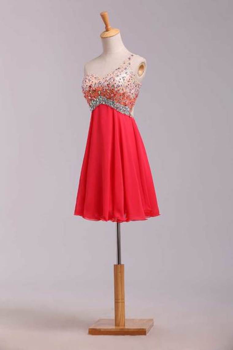 2022 Glistening Short/Mini One Shoulder Open Back A Line/Princess Prom Dresses Tulle&Chiffon