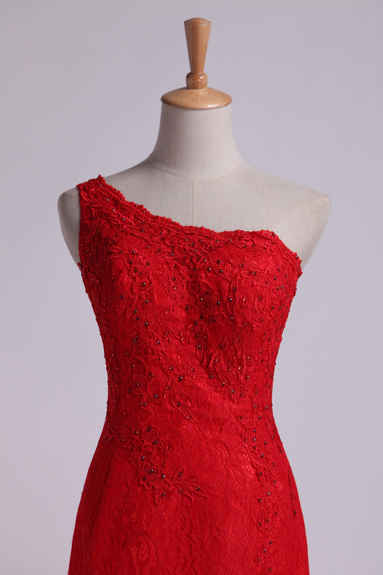 2022 Prom Dresses One-Shoulder Sheath Beaded Lace Floor-Length Zipper Back