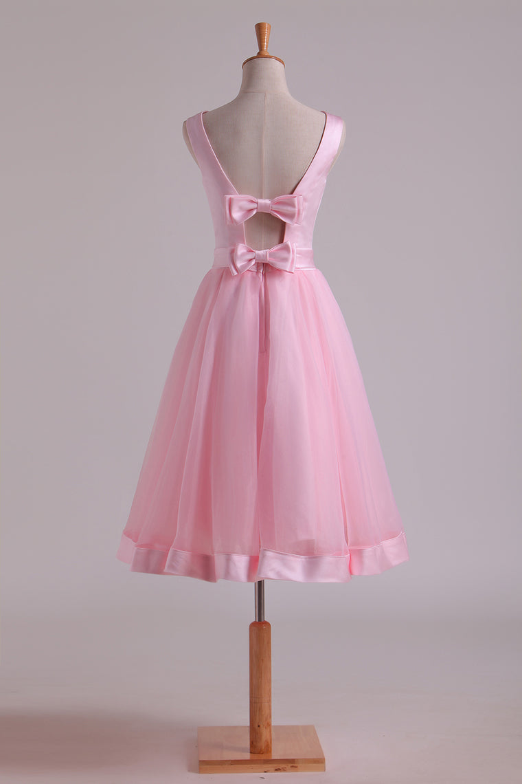 2022 Bateau Neckline A-Line Organza & Satin Wedding Dresses With Handmade Bowknot