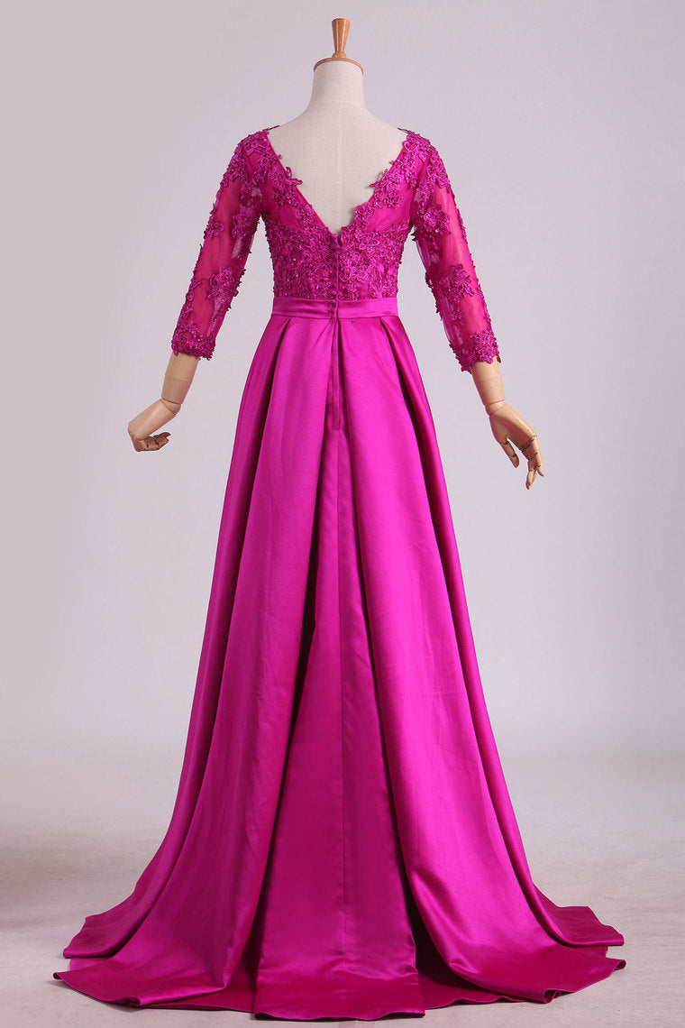 2022  3/4 Length Sleeves V Neck A Line Satin Mother Of The Bride Dresses With Applique And Beads