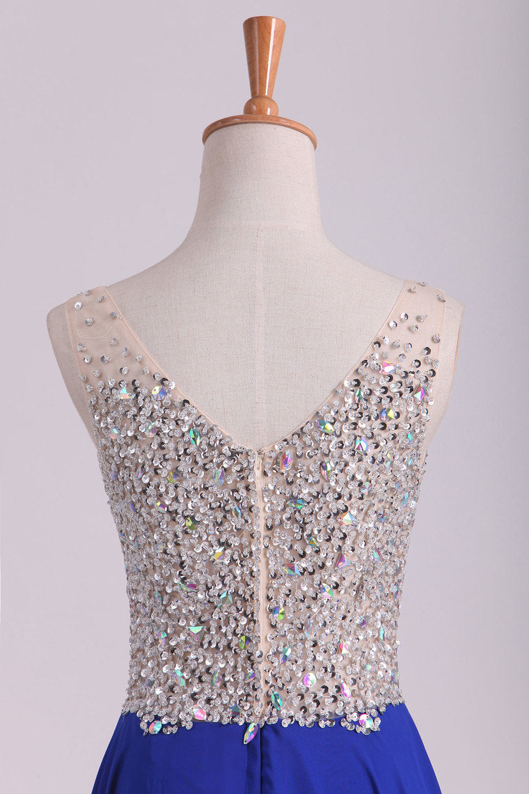 2022 V Neck Beaded Bodice A Line Prom Dresses Chiffon With Slit Sweep Train