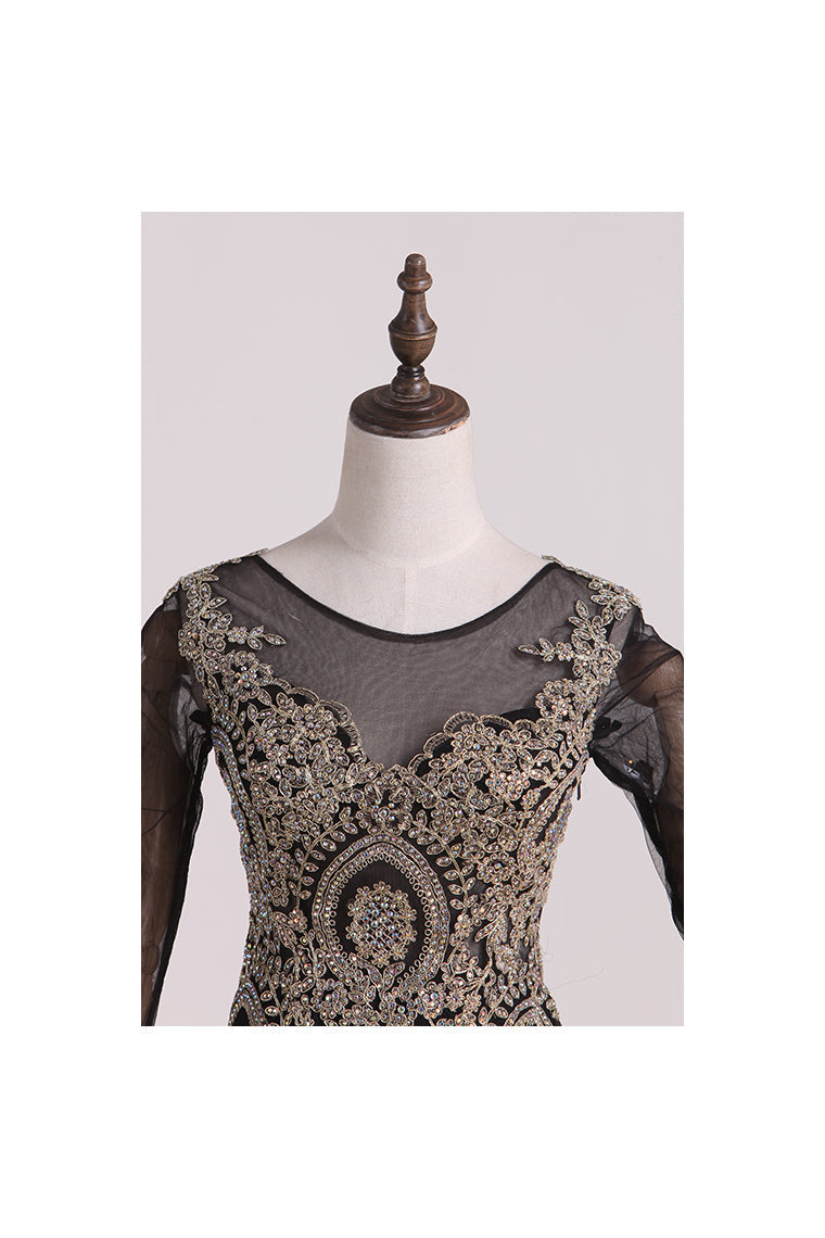 2016 Mermaid Prom Dresses/Evening Dresses Beaded Court Train  Long Sleeves Scoop