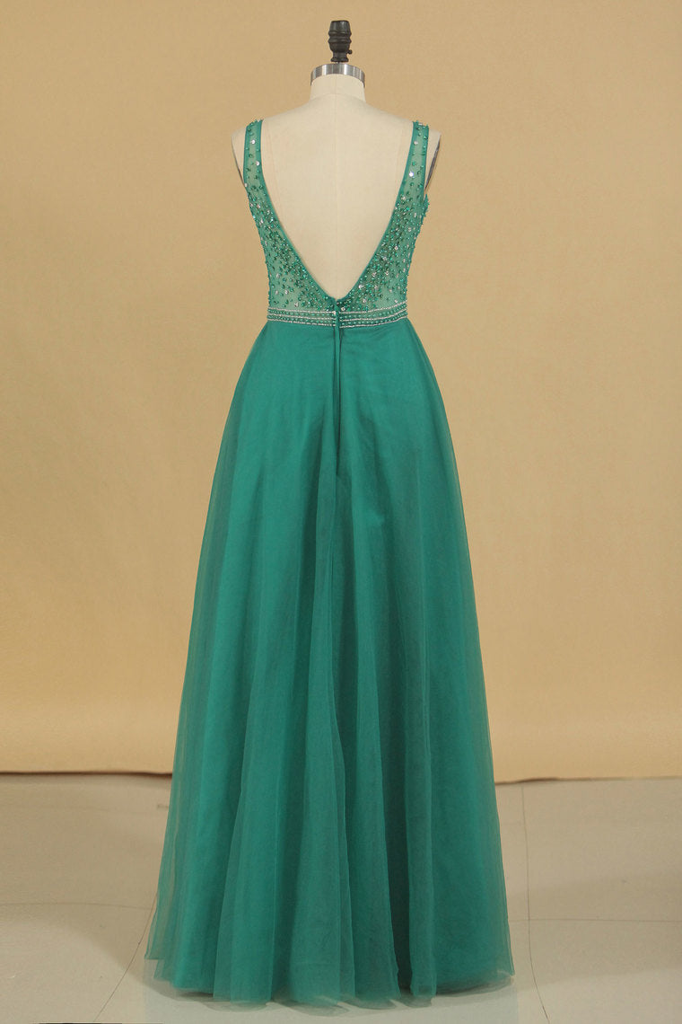 2022 A Line V Neck Prom Dresses Tulle With Beading Floor Length