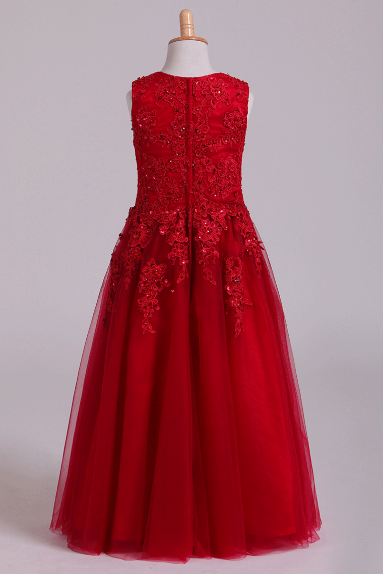 2022 Flower Girl Dresses A Line Scoop Tea Length Tulle