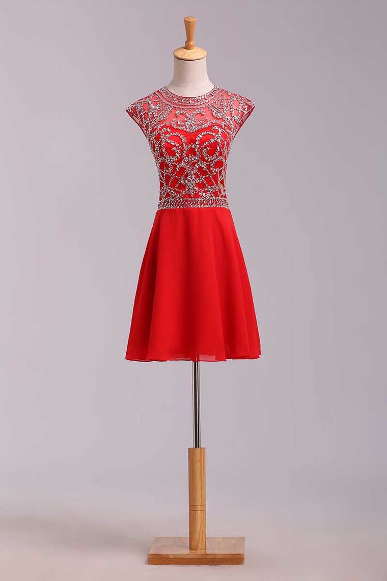 2022 Unique Homecoming Dresses A Line Scoop Short/Mini With Beadings Chiffon
