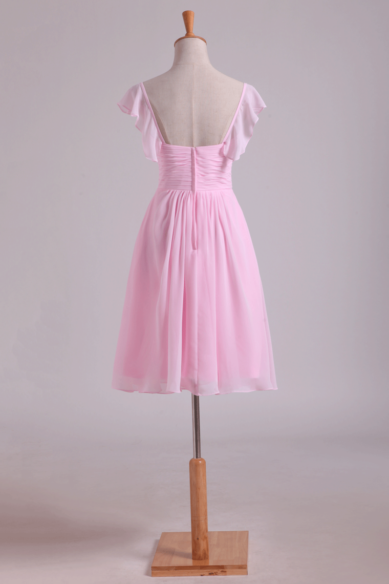 2022 Bridesmaid Dresses A Line V Neck Knee Length Chiffon