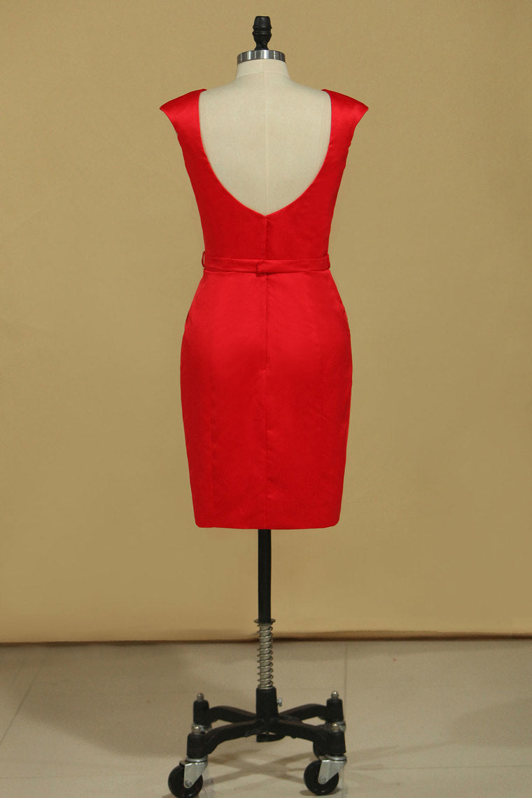 2022 Red Sheath Bateau Mother Of The Bride Dresses Satin With Sash Open Back
