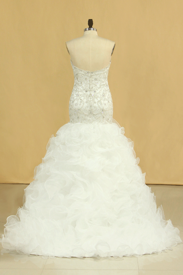 2022 Hot Plus Size Sweetheart Wedding Dresses Mermaid Organza With Beads And Rhinestones