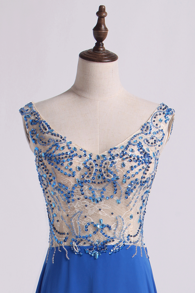 2022 Bicolor Off The Shoulder Prom Dress Beaded Lace Bodice Chiffon Floor Length