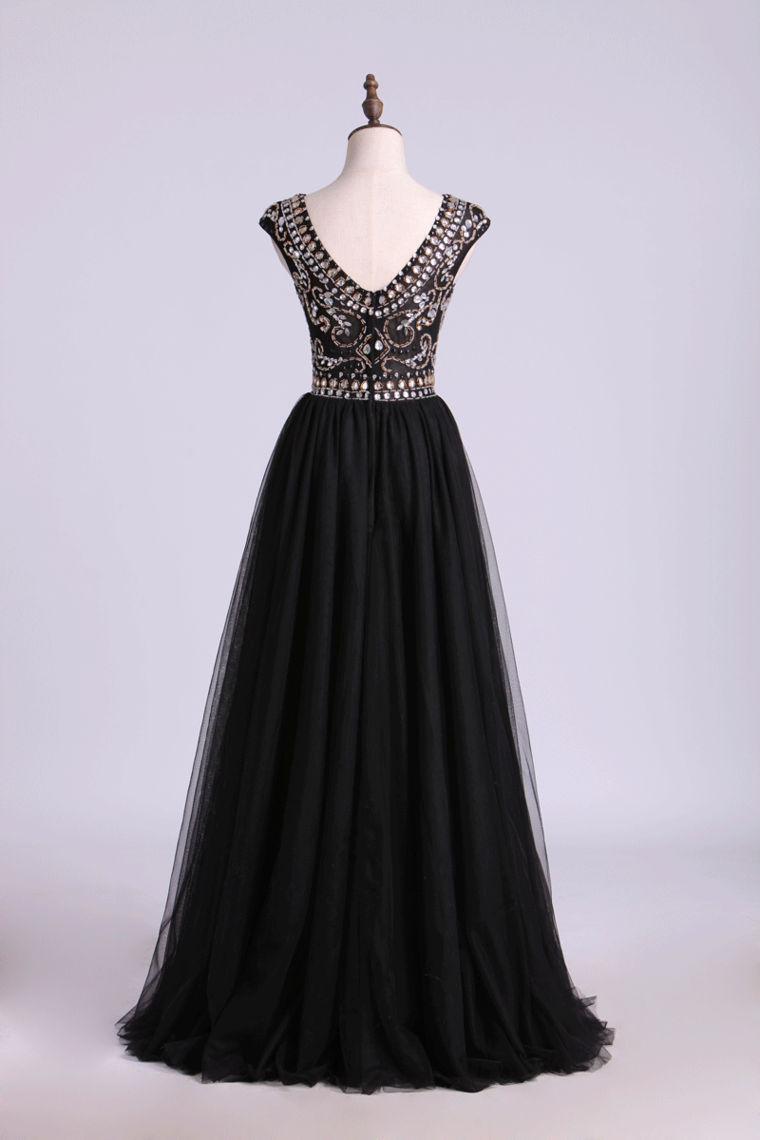 2022 Scoop A-Line Prom Dress Floor-Length Full Beaded Bodice Champagne Tulle