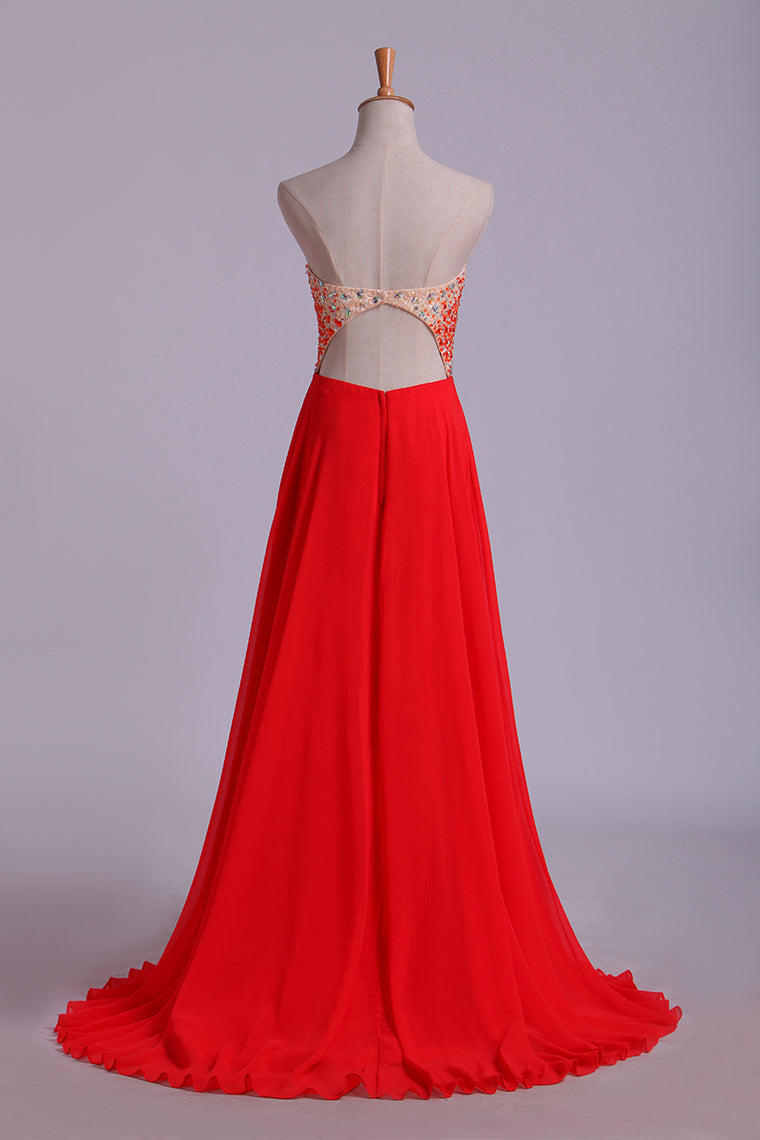 2022 Splendid Sweetheart Prom Dresses A Line Chiffon With Beads Open Back