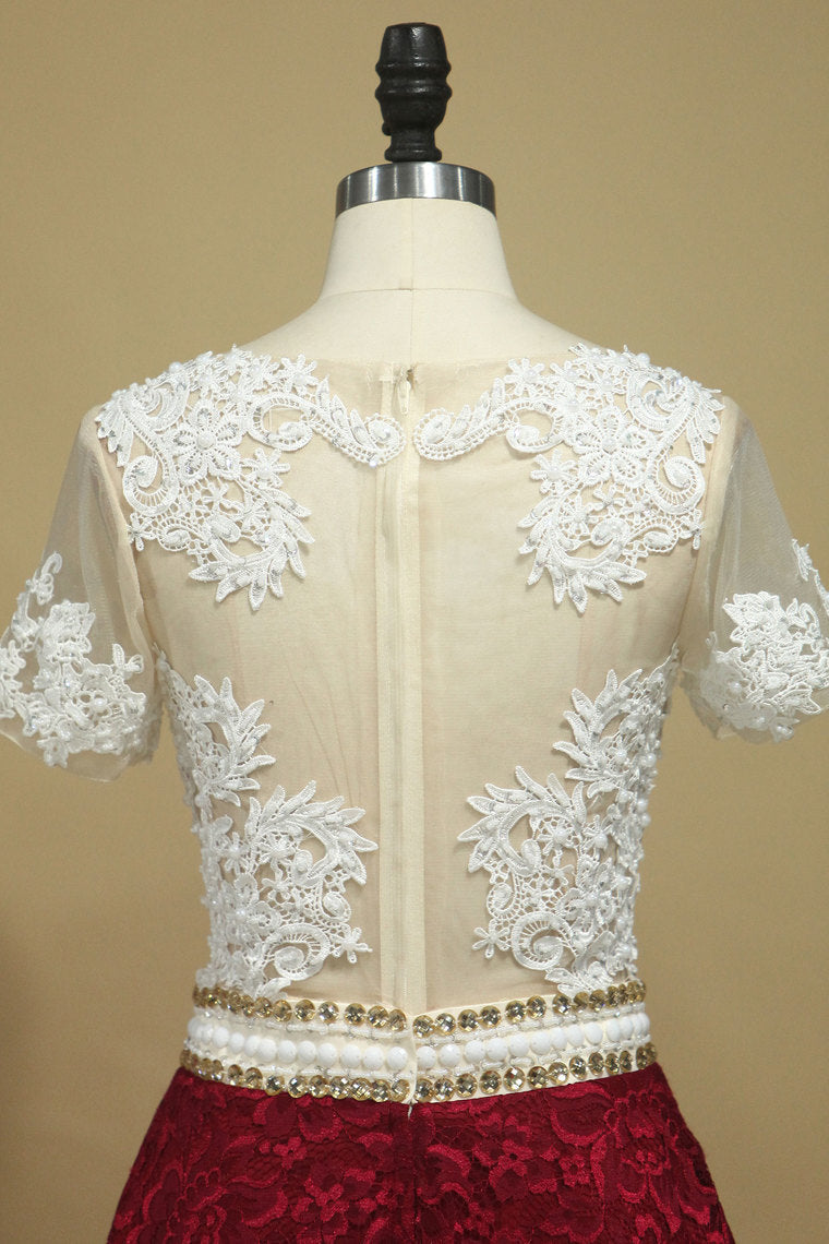 2022 Prom Dresses V Neck Short Sleeves Lace With Applique Sweep Train A Line