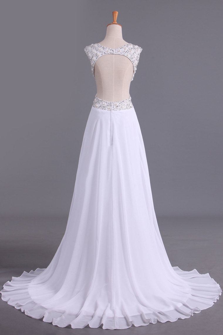 2022 White V-Neck Prom Dresses A Line Chiffon With Beading