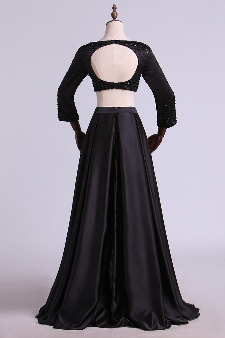 2022 Two Pieces There Quarter Sleeves Prom Dresses Bateau Satin Backless Floor Length