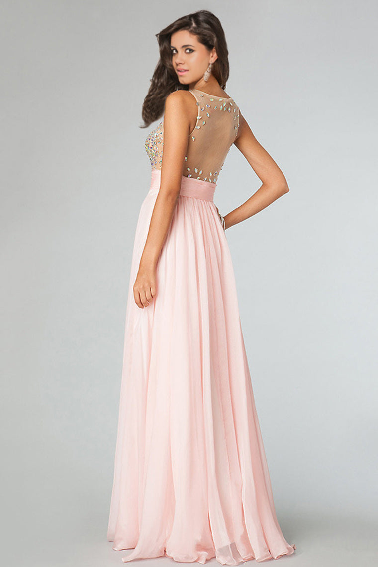 2022 Sexy Prom Dresses Scoop Neckline Princess Floor Length Chiffon Beaded Bodice